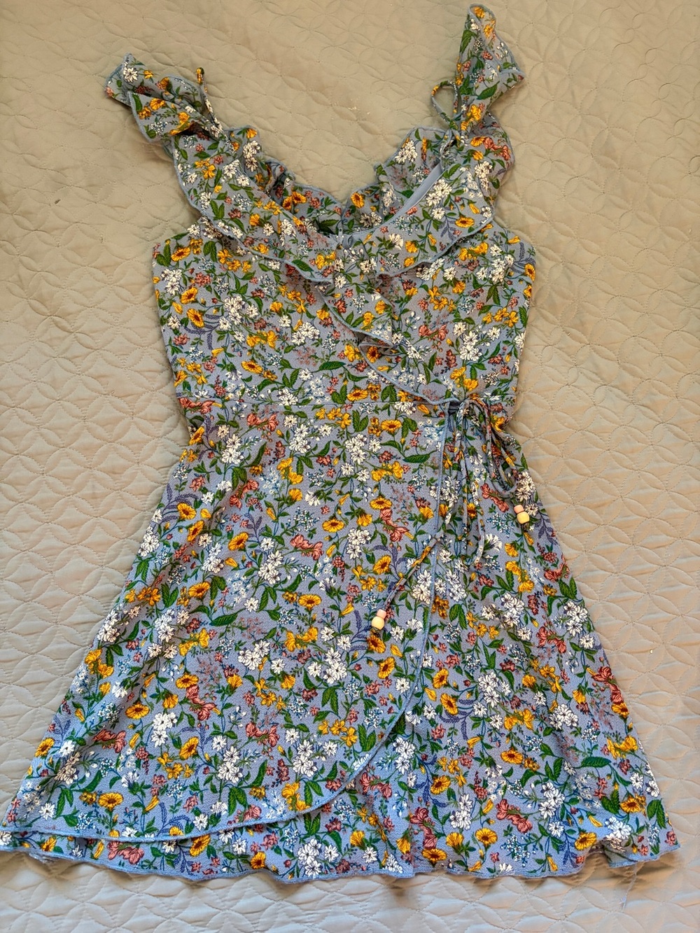 Teeze Me Light Blue Floral Ruffle Wrap Dress